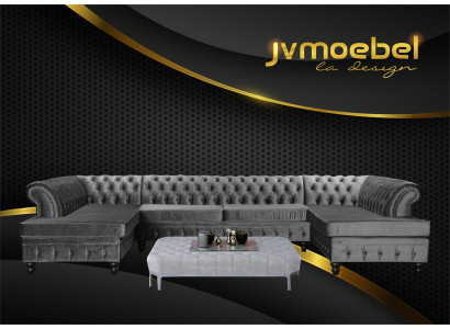 Set Luxury Modern Ecksofa U-Form Chesterfield und Couchtisch Wohnzimmer Textil