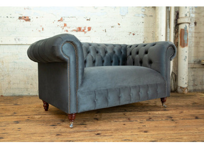 Chesterfield Design Sofa 2 Sitzer Couch Polster Sitz Garnitur Leder Textil Grau