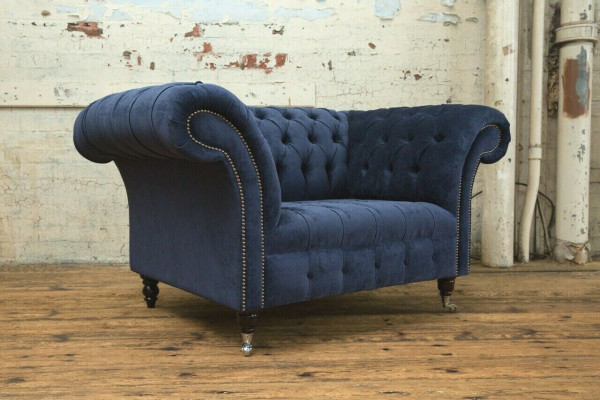 Chesterfield Sessel Couch Polster Sofa Couchen 1,5 Sitzer Einsitzer Blau Textil