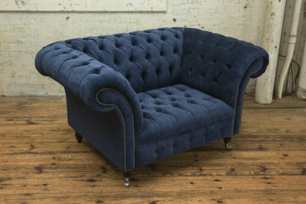 Chesterfield Sessel Couch Polster Sofa Couchen 1,5 Sitzer Einsitzer Blau Textil