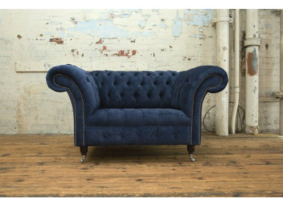 Chesterfield Sessel Couch Polster Sofa Couchen 1,5 Sitzer Einsitzer Blau Textil
