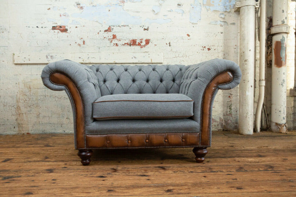 Chesterfield Design Stoff Couch Sessel 1.5 Sitzer Polster Sofas Lounge Samt Grau