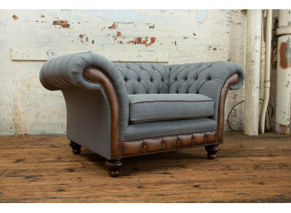 Chesterfield Design Stoff Couch Sessel 1.5 Sitzer Polster Sofas Lounge Samt Grau