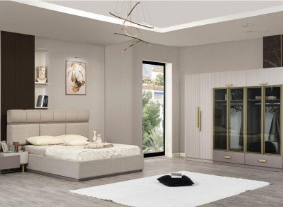 Garnitur Schlafzimmer Doppelbett Nachttische Kleiderschrank Beige 4tlg