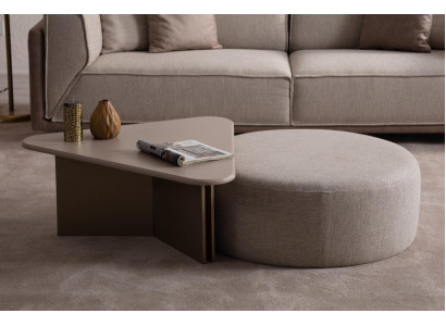Beiger Wohnzimmer Set Designer Holz Couchtisch Polster Hocker 2tlg Set
