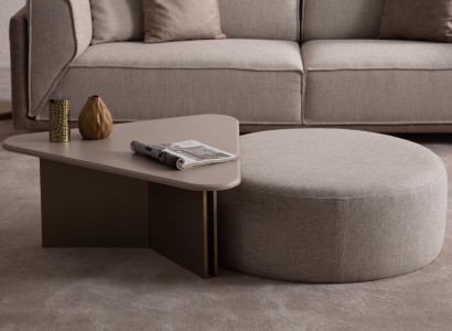 Beiger Wohnzimmer Set Designer Holz Couchtisch Polster Hocker 2tlg Set