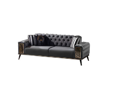 Chesterfield Schwarz-Goldener Dreisitzer Wohnzimmer Luxus 3-Sitzer Möbel