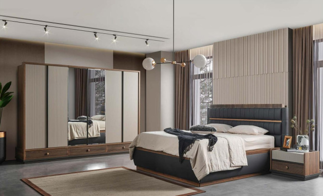 Zweifarbige Schlafzimmer Designer Garnitur Doppelbett Schrank Kommode