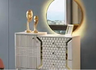 Kommode mit Spiegel Beige Einfarbig Schlafzimmer Modern Rechteckig Design Stil