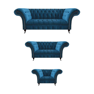 Chesterfield Blaue Polstergarnitur Wohnzimmer Sofagarnitur 3-Sitzer 3tlg