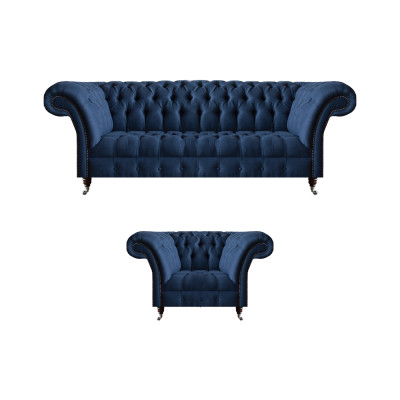 Dunkelblaue Wohnzimmer 3-Sitzer Couch Designer Lehnsessel Edler 2tlg Set