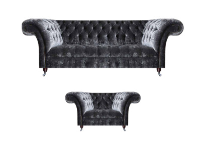Chesterfield Polstermöbel Wohnzimmer Textil Dreisitzer Edler Sessel 2tlg