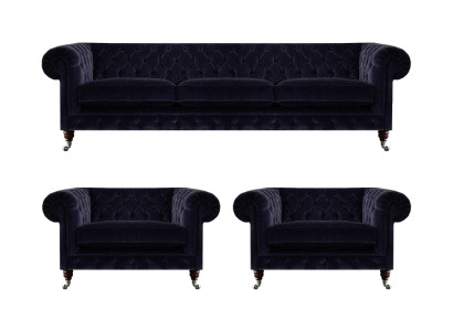 Blaue Chesterfield Couchgarnitur Designer 3-Sitzer 2x Polstersessel 3tlg