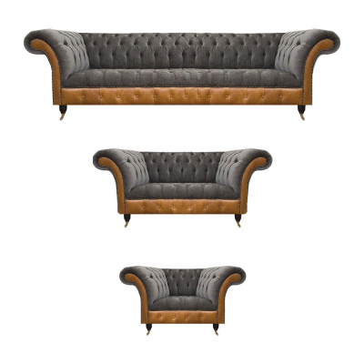Grau-Braune Chesterfield Sitzgarnitur Polstersofas Textil Couchen 3tlg