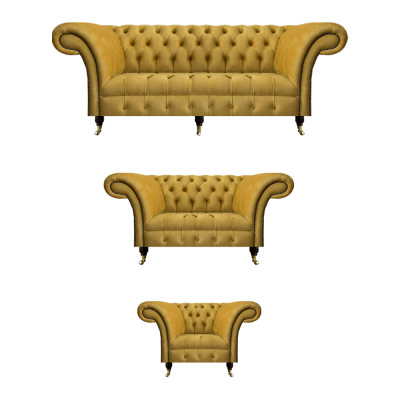Edle Gelbe Chesterfield  Garnitur Polstermöbel Textil Couchen 3tlg Set