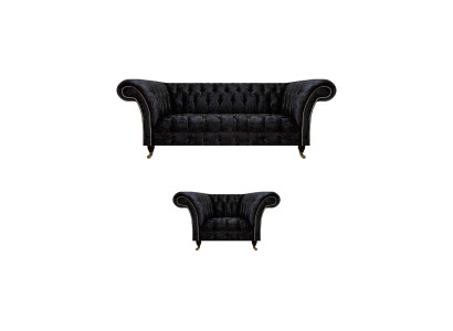 Chesterfield Schwarze Polstermöbel Designer Wohnzimmer Couch Sessel 2tlg