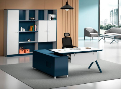 Arbeitszimmer Blau-Weißer Schreibtisch Designer Holz Tisch Edle Möbel