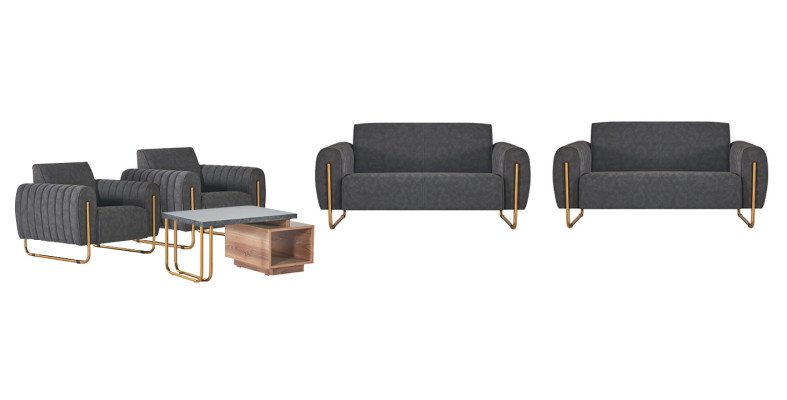 Edle Graue Bürogarnitur 2x Polster Zweisitzer Holz Couchtisch Stoffmöbel