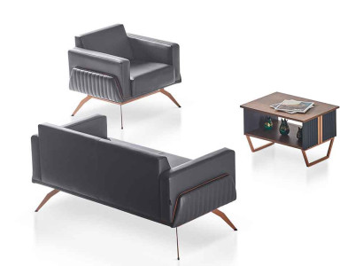 Arbeitszimmer-Set 3tlg 2-Sitzer Sessel Couchtisch Modern Design Grau