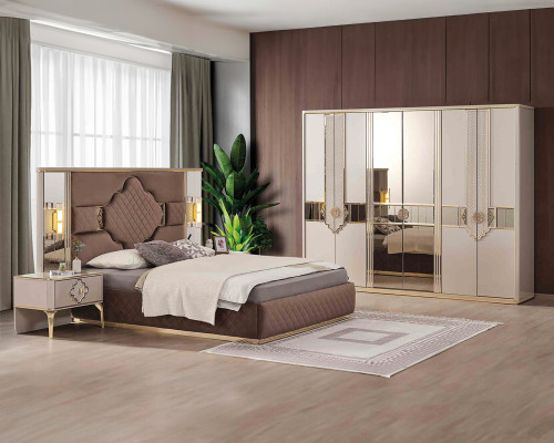 Braun-Beige Exklusive Schlafzimmer Garnitur Doppelbett 2x Nachttische