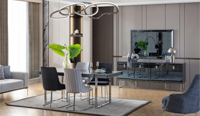 Moderne Esszimmer Möbel Holzesstisch 4x Textilstühle Anrichte Spiegel