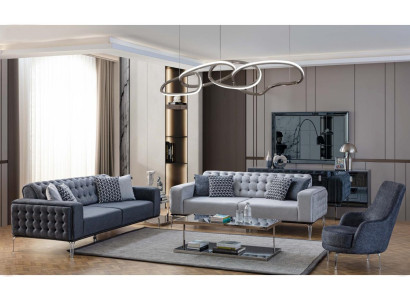 Chesterfield Graue Sofagarnitur Wohnzimmer Couchen Dreisitzer+Sessel