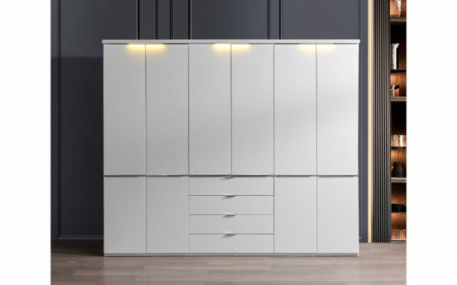 Weiß-Graue Schlafzimmer Möbel Textilbett Nachttisch Kleiderschrank 4tlg