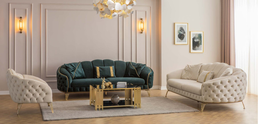 Modern Chesterfield Design Beige Sofa 2x Sessel Polster Couch Couchen Neu