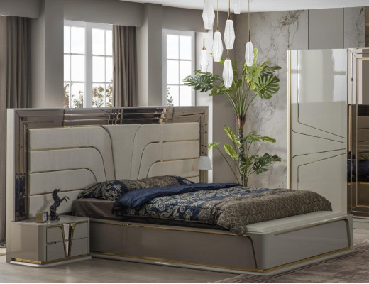 Garnitur Schlafzimmer Doppelbett Luxus Bett Modern Beige Set 3tlg Neu