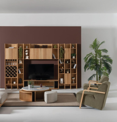 Wohnzimmer Wohnwand Holz Luxus Garnitur neu Stil Modern Luxus braun