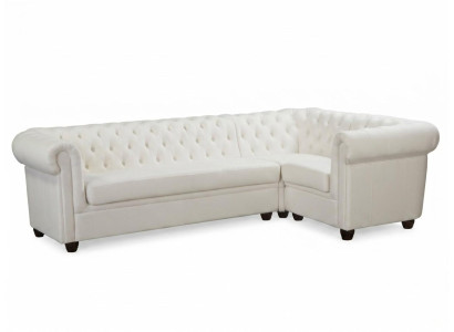 Weißes L-förmiges Ecksofa Gestepptes Ledersofa mit Holzbeinen Chesterfield