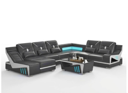 Designer Ecksofa U-Form Schwarz LED Modern Couch Sofa Wohnlandschaft