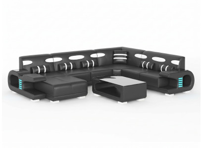 Wohnlandschaft U-Form Schwarz Ecksofa LED Modern Wohnzimmer Design