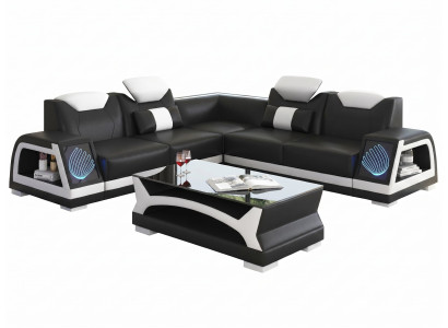 Ecksofa L-Form Schwarz Weiß LED Couchtisch Modern Wohnzimmer Set Sofa