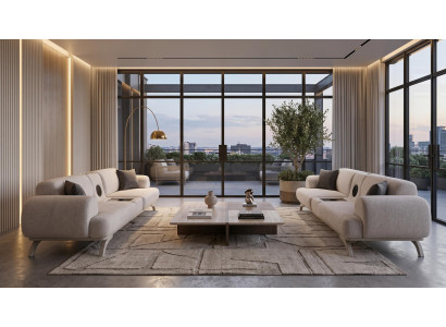 Beiges Wohnzimmer-Set 3+3-Sitzer-Sofas Stoffsofas mit Multimedia-Modul modern
