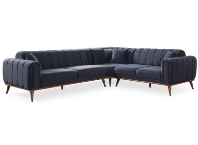 Blaues Ecksofa L Form Stoff Polster Wohnlandschaft Holz Modern Komfort