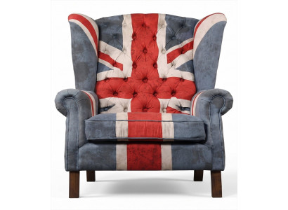 Chesterfield Ohrensessel Union Jack Blau Vintage British Clubsessel
