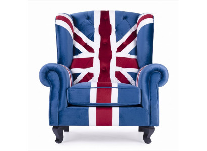 Sessel Union Jack Ohrensessel British Style Vintage Blau Bordeaux Samt