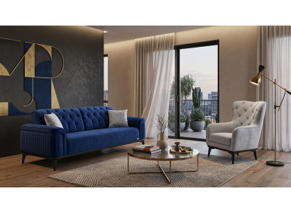 Sofa-Set Sofas modern Blau Stoff sofa Sessel Wohnzimmer