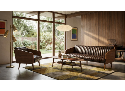 Sofa Sessel Set Braun Kunstleder Holz Armlehnen Mid Century Lounge