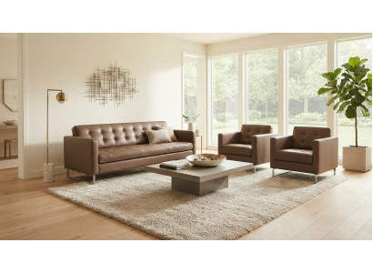 Chesterfield Sitzgruppe Sofa Zwei Sessel Braun Leder Metallgestell